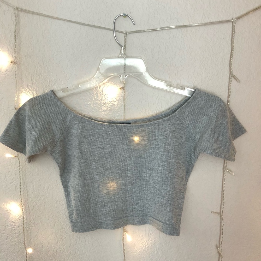 semi off the shoulder grey ribbed crop top